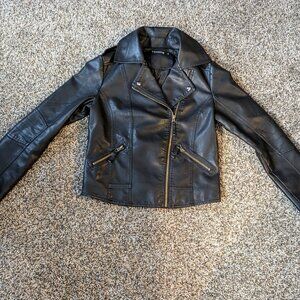 Faux Leather Black Biker Moto Jacket, Size XS
